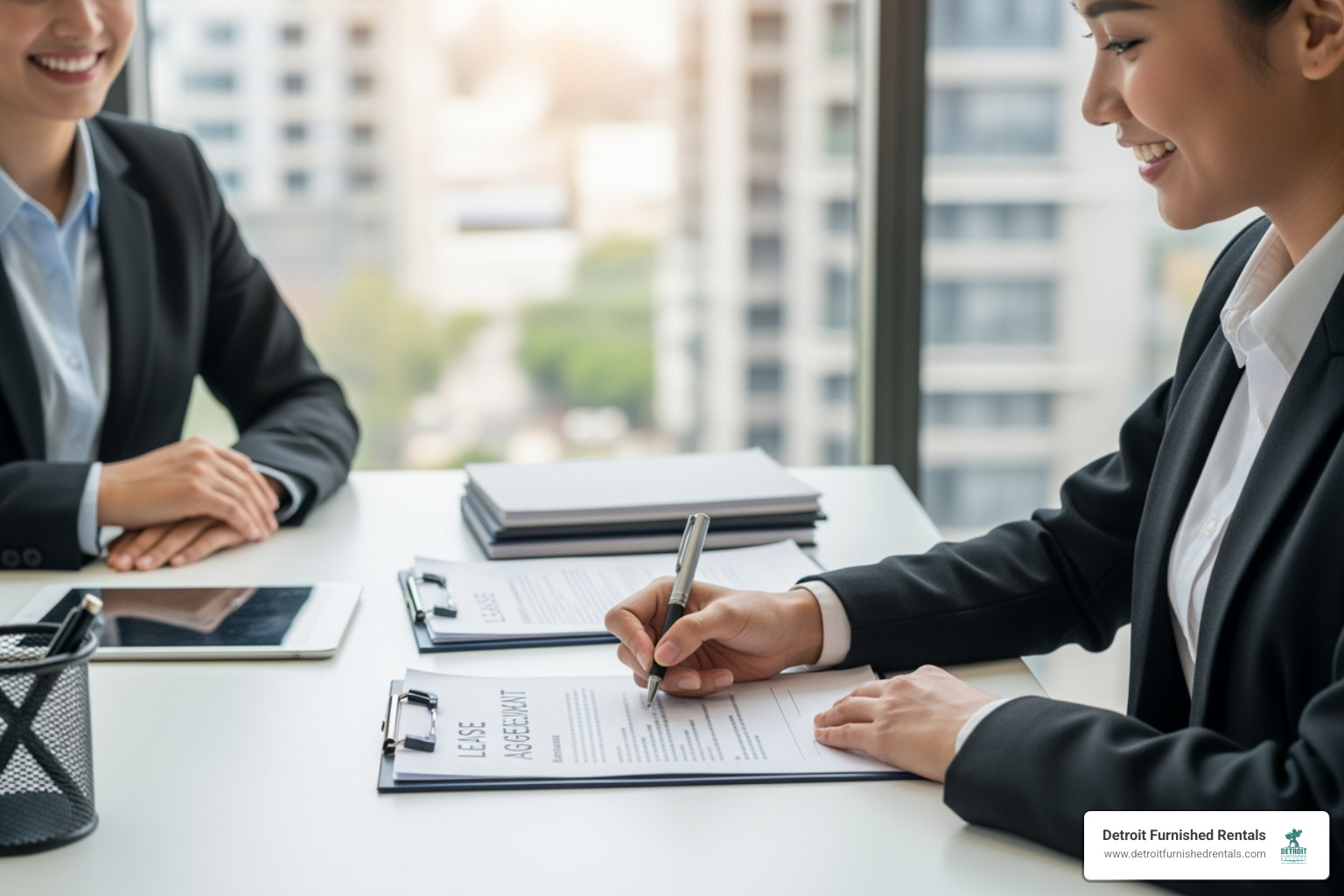 A person signing a lease, looking confident and happy. - Medical resident housing