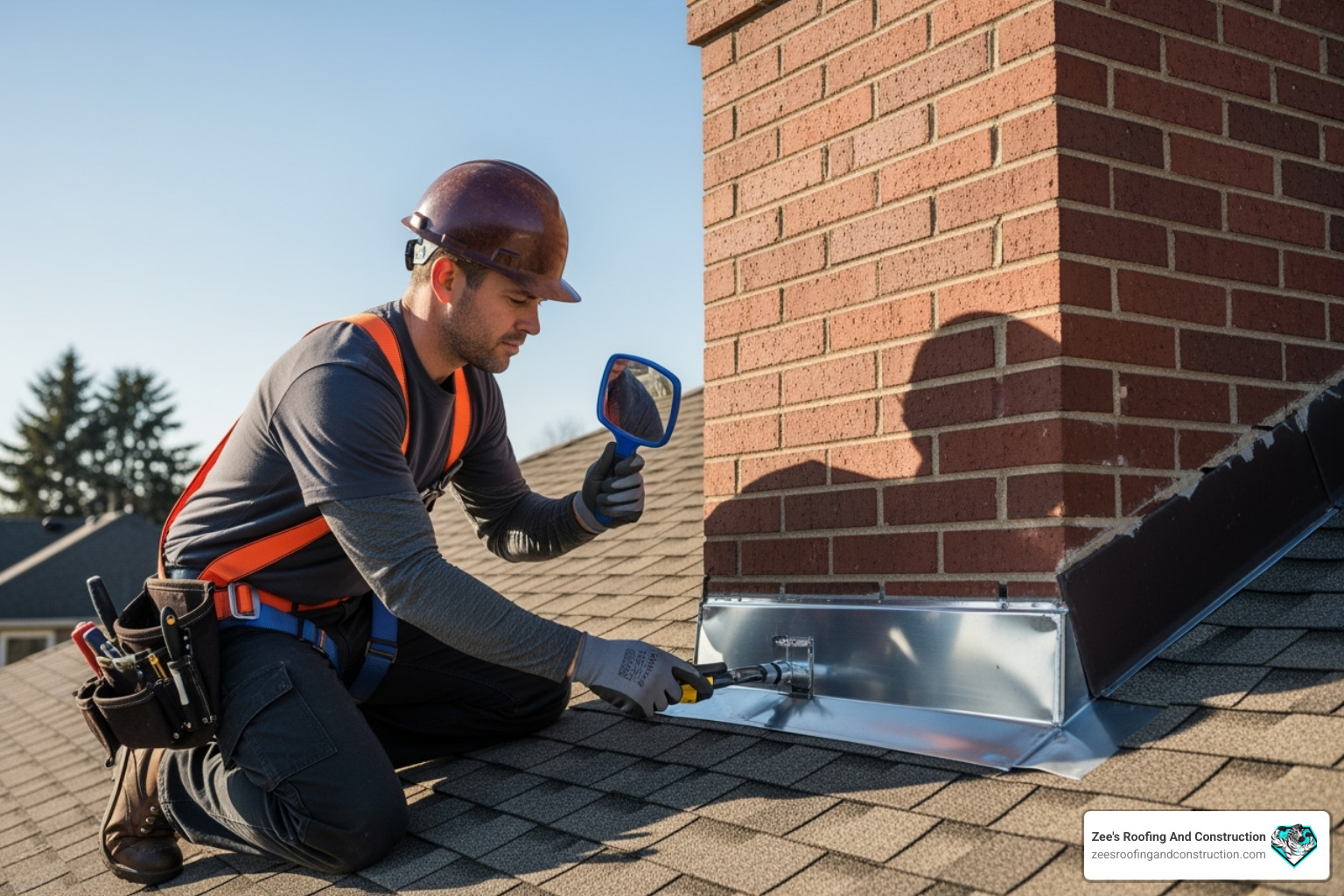 of an inspector examining roof flashing around a chimney. - apopka roof inspections