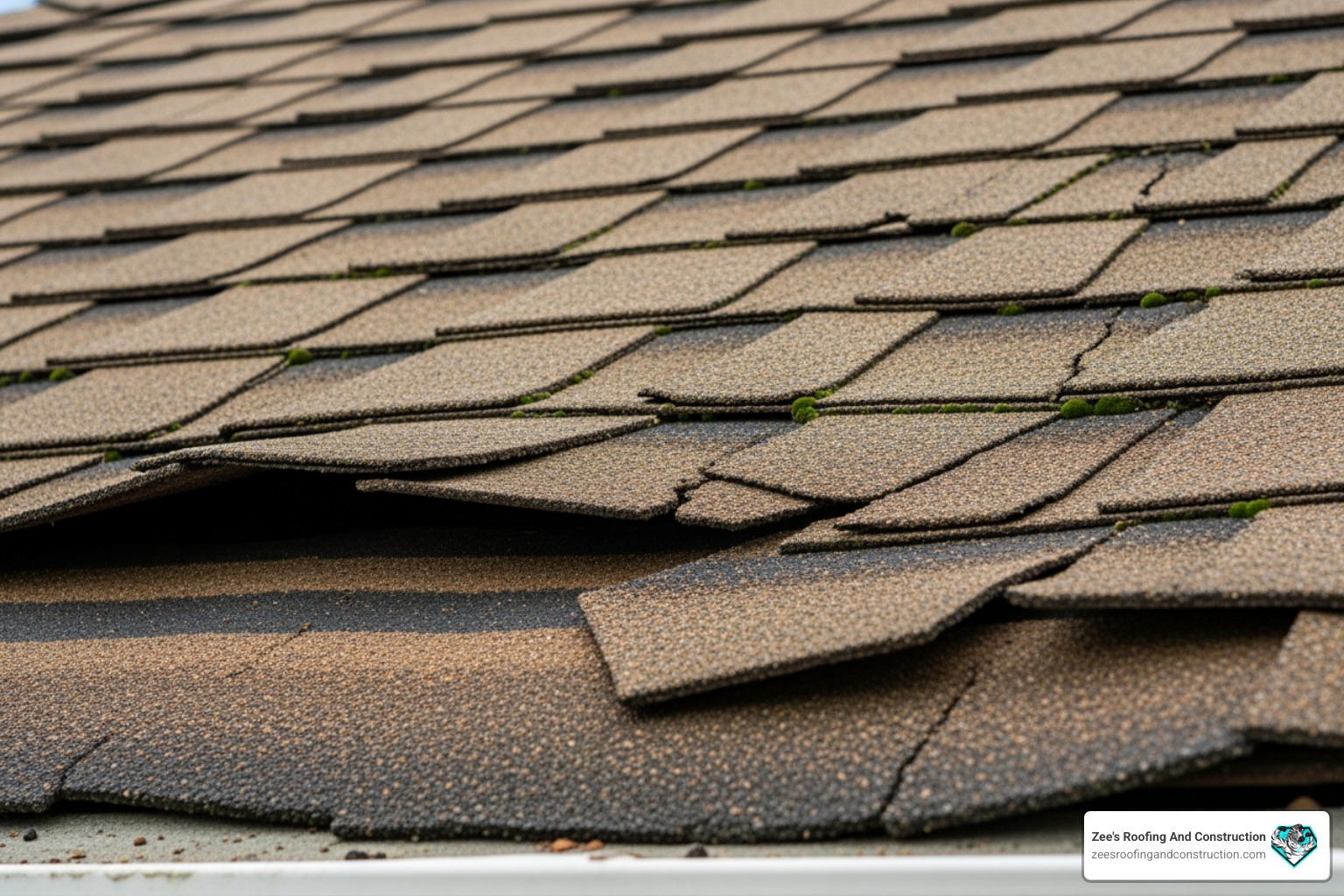 showing a close-up of cracked and curling asphalt shingles. - apopka roof inspections