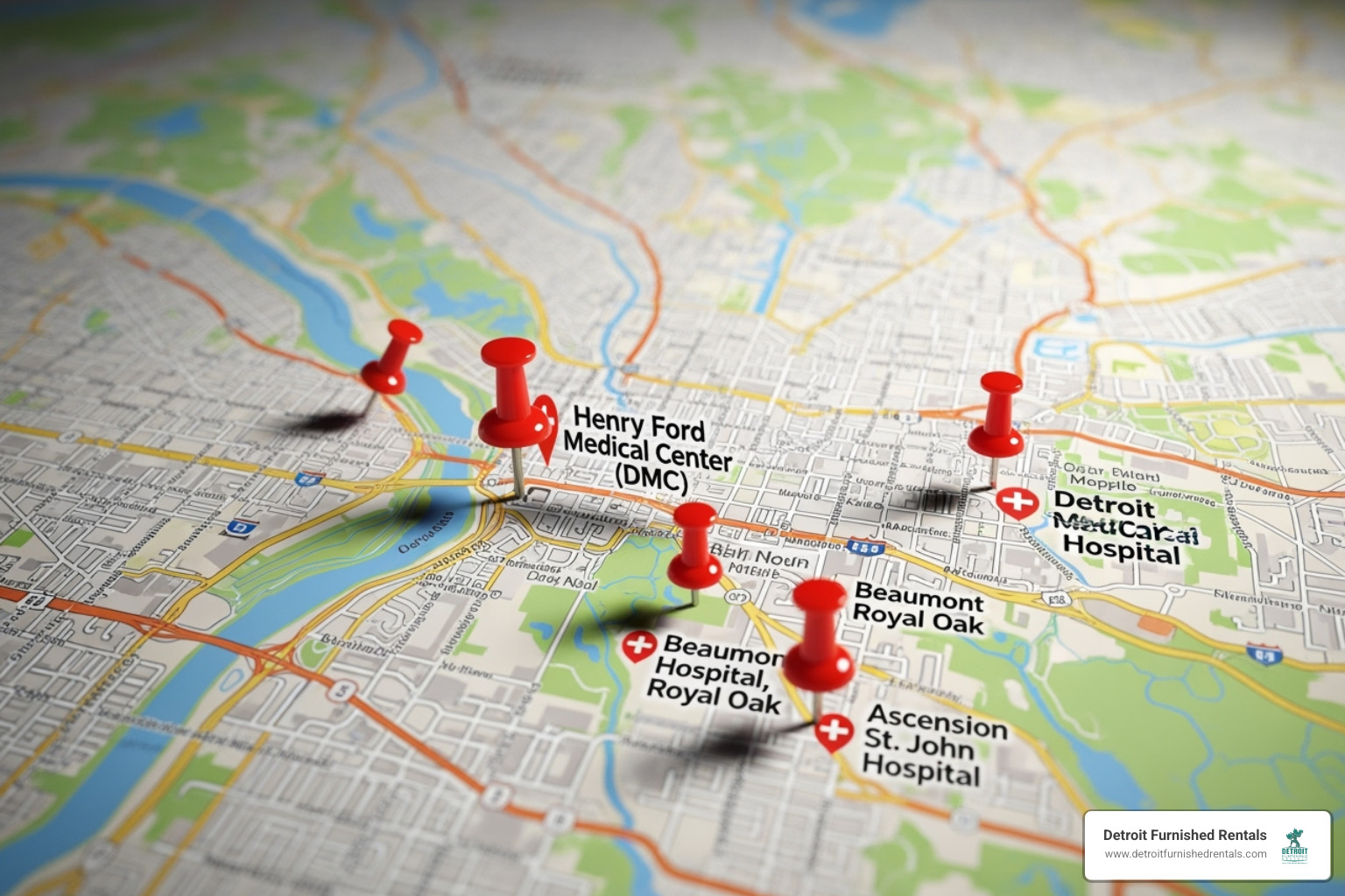 Map of Detroit with pins on major hospitals like Henry Ford Hospital and surrounding residential areas. - Medical resident housing