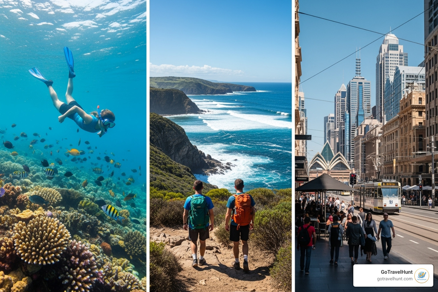 Diverse Australian activities like snorkelling, hiking, and city exploration - travel insurance australia Diverse Australian activities like snorkelling, hiking, and city exploration - travel insurance australia