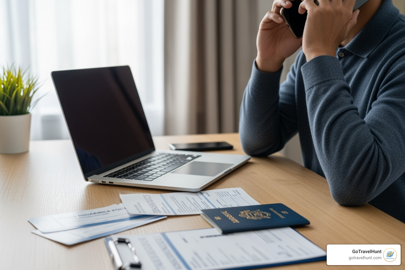 A person on a phone call with travel documents and a laptop, representing the claims process - travel insurance australia A person on a phone call with travel documents and a laptop, representing the claims process - travel insurance australia