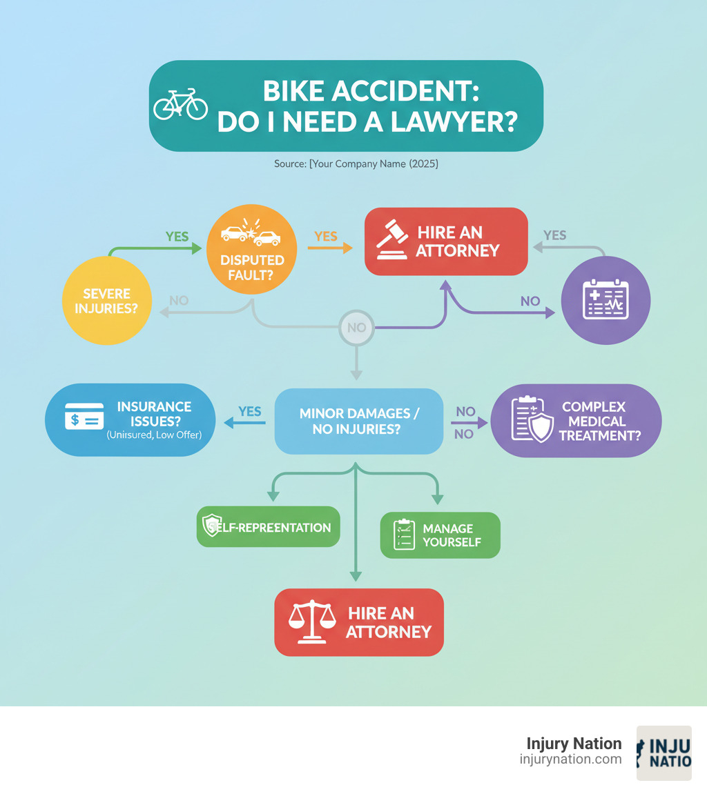 infographic showing decision tree for when to hire a lawyer after a bike accident, including branches for injury severity, disputed fault, insurance issues, and complexity of medical treatment, with clear yes/no decision points leading to either self-representation or hiring an attorney - do I need lawyer infographic infographic showing decision tree for when to hire a lawyer after a bike accident, including branches for injury severity, disputed fault, insurance issues, and complexity of medical treatment, with clear yes/no decision points leading to either self-representation or hiring an attorney - do I need lawyer infographic