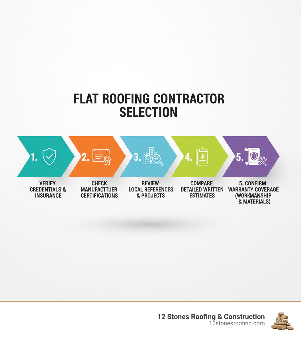 infographic showing the flat roofing contractor selection process with 5 key steps: verify credentials and insurance, check manufacturer certifications, review local references and completed projects, compare detailed written estimates, and confirm warranty coverage for both workmanship and materials - flat roofing contractors infographic  infographic showing the flat roofing contractor selection process with 5 key steps: verify credentials and insurance, check manufacturer certifications, review local references and completed projects, compare detailed written estimates, and confirm warranty coverage for both workmanship and materials - flat roofing contractors infographic
