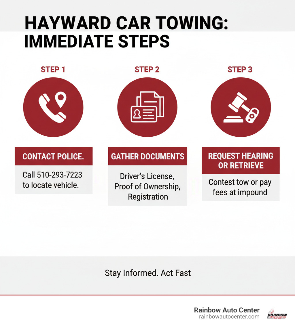 Infographic explaining three immediate steps when your car is towed in Hayward: Step 1 - Contact Hayward Police Tow Hearing Line at 510-293-7223 to locate your vehicle and towing company; Step 2 - Gather documents including driver's license, proof of ownership, and current registration; Step 3 - Request a hearing within required timeframe if contesting the tow, or retrieve vehicle from impound lot with proper documentation and payment of fees - Hayward car towing infographic 