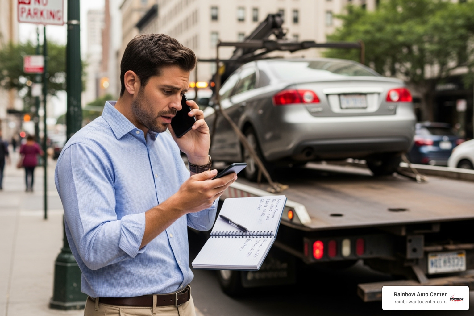 Concerned person on phone with notepad after car is towed in Hayward - Hayward car towing