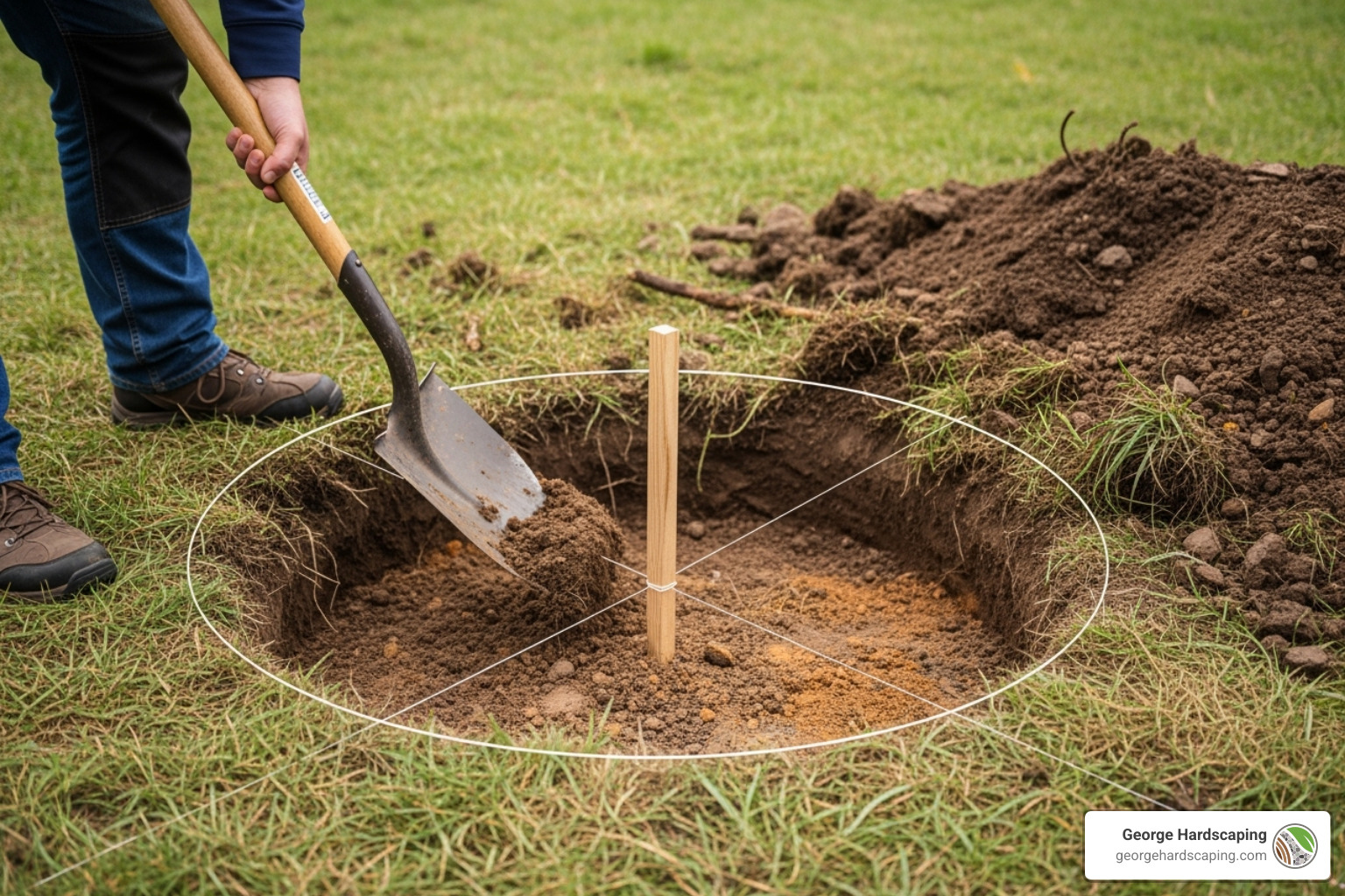 A person using a shovel to dig a circular trench for a fire pit base, with a stake and string in the center for marking the perimeter - build a fire pit