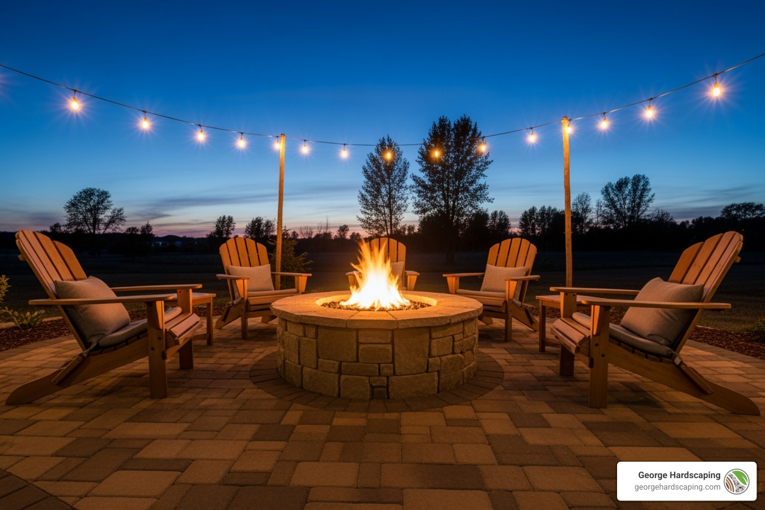 A fully customized fire pit area featuring comfortable Adirondack chairs, a surrounding paver patio, and ambient string lights - build a fire pit