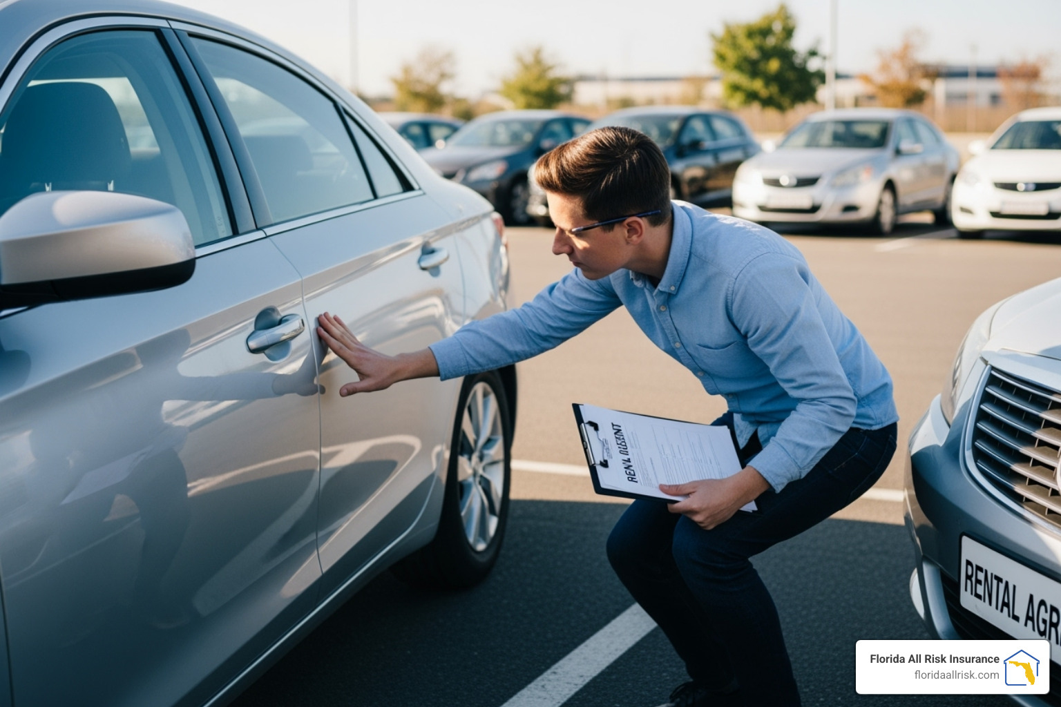 person inspecting rental car - Rental car insurance Florida