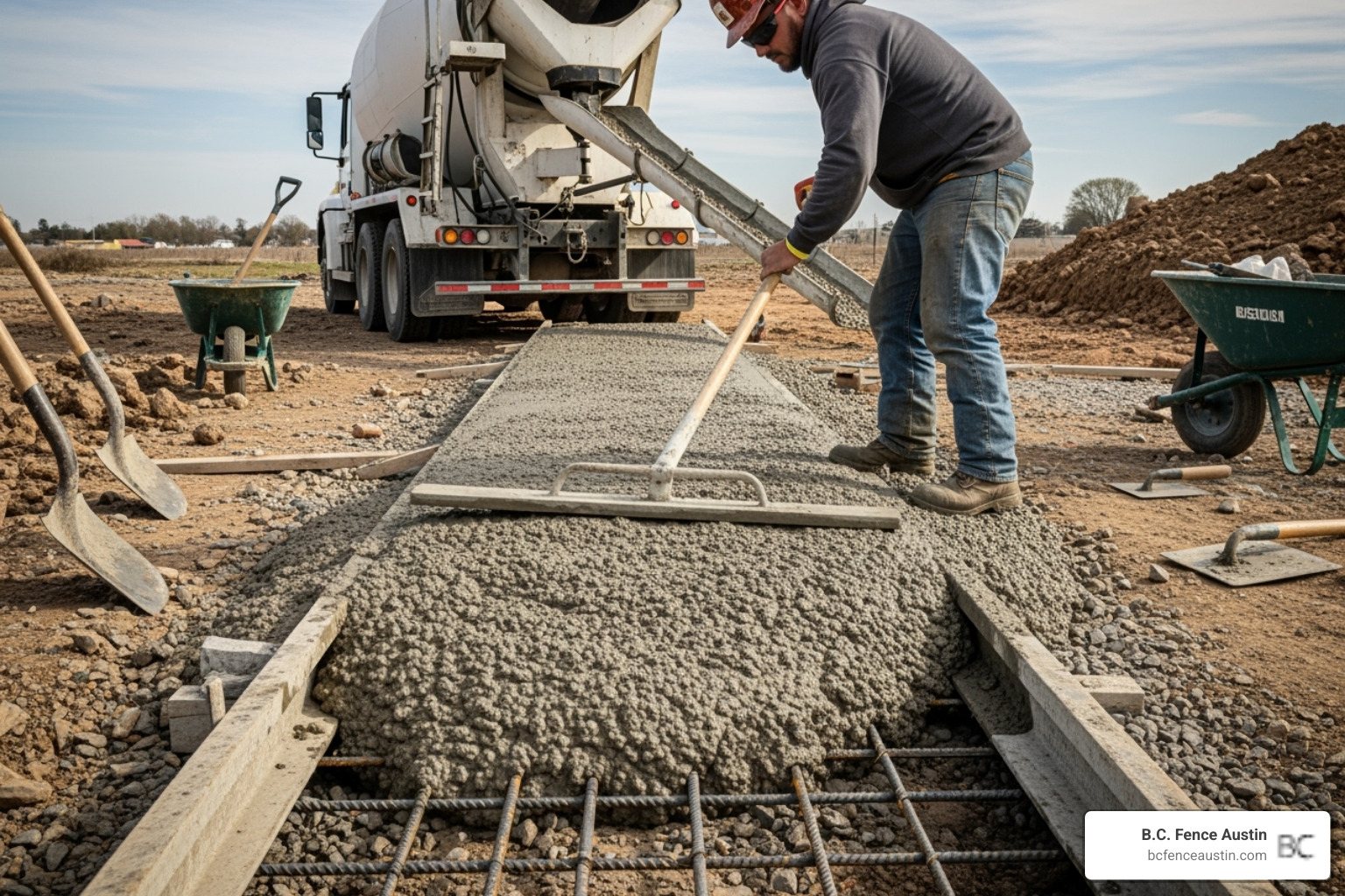 A concrete track foundation being poured and leveled for a sliding gate, with rebar visible - sliding gate installation A concrete track foundation being poured and leveled for a sliding gate, with rebar visible - sliding gate installation