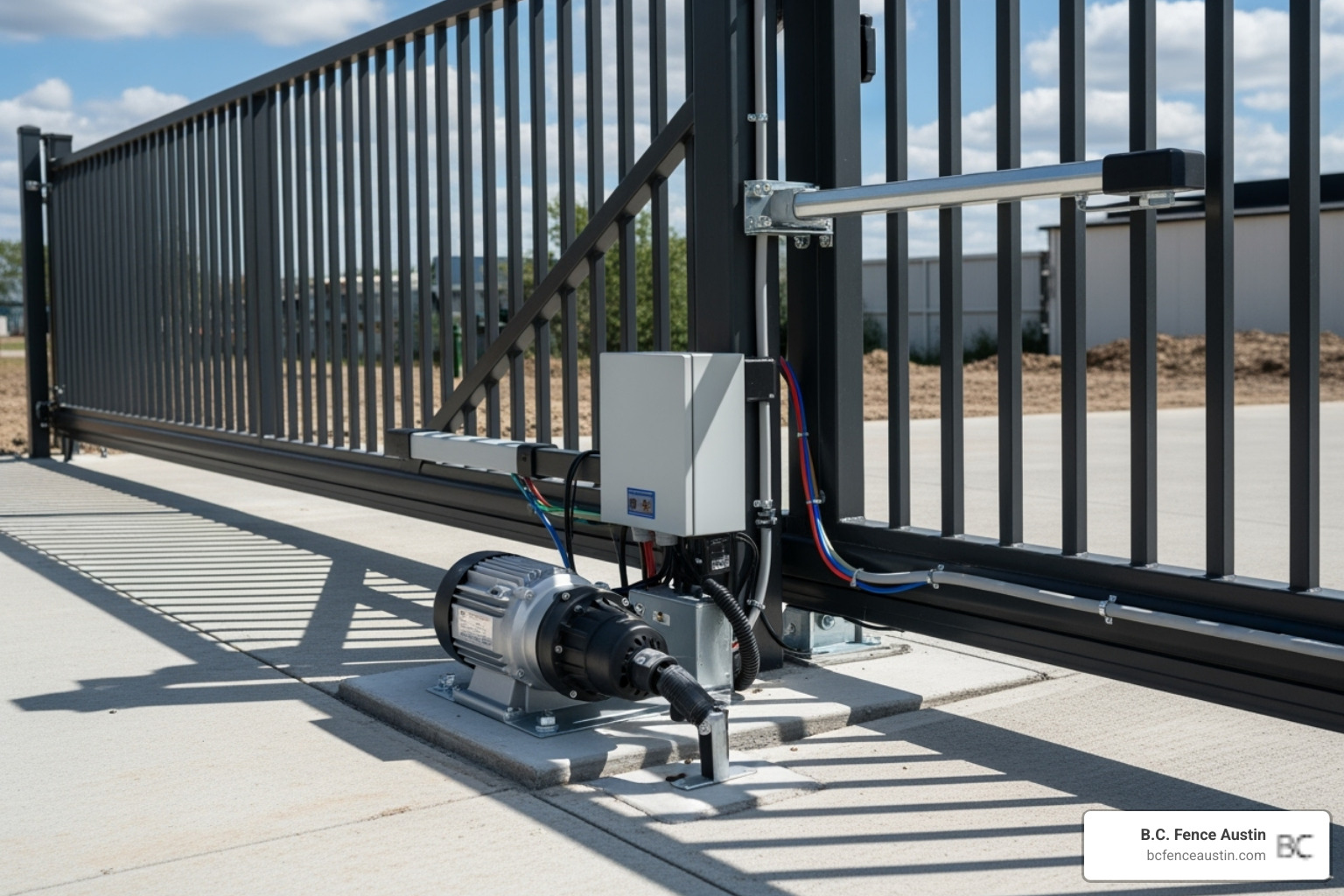 A sliding gate opener mounted on a concrete pad next to a gate, with wiring conduits visible - sliding gate installation A sliding gate opener mounted on a concrete pad next to a gate, with wiring conduits visible - sliding gate installation