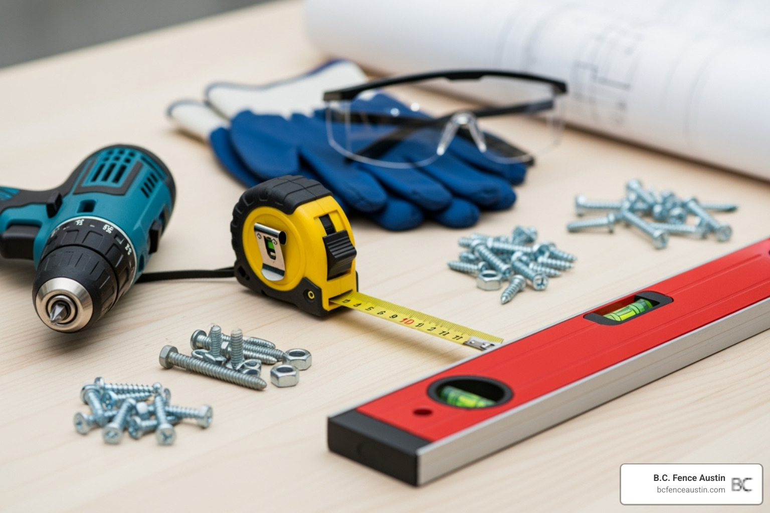 Essential tools and materials laid out for a gate installation, including a drill, tape measure, level, safety glasses, gloves, and various fasteners - sliding gate installation Essential tools and materials laid out for a gate installation, including a drill, tape measure, level, safety glasses, gloves, and various fasteners - sliding gate installation