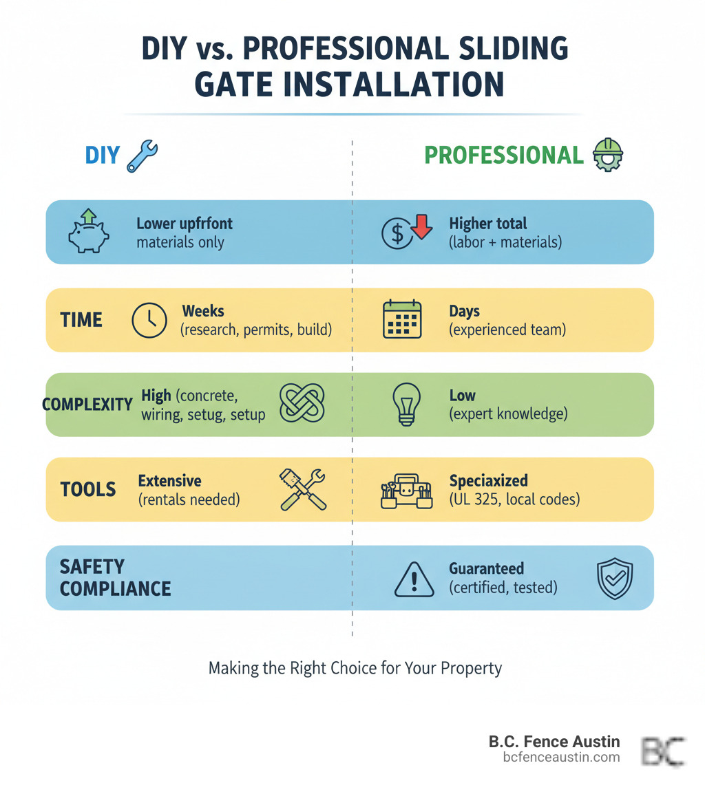 Infographic comparing DIY vs. Professional sliding gate installation based on cost, time, complexity, tools, and safety compliance - sliding gate installation infographic Infographic comparing DIY vs. Professional sliding gate installation based on cost, time, complexity, tools, and safety compliance - sliding gate installation infographic