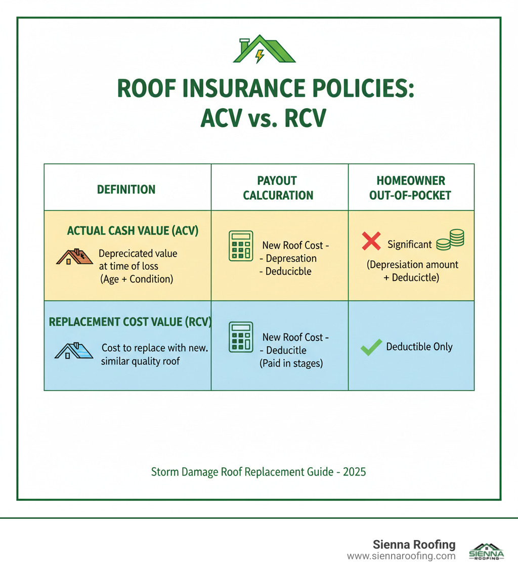 TABLE comparing Actual Cash Value (ACV) and Replacement Cost Value (RCV) policies, showing columns for Definition, Payout Calculation, and Homeowner Out-of-Pocket Cost. - storm damage roof replacement infographic 