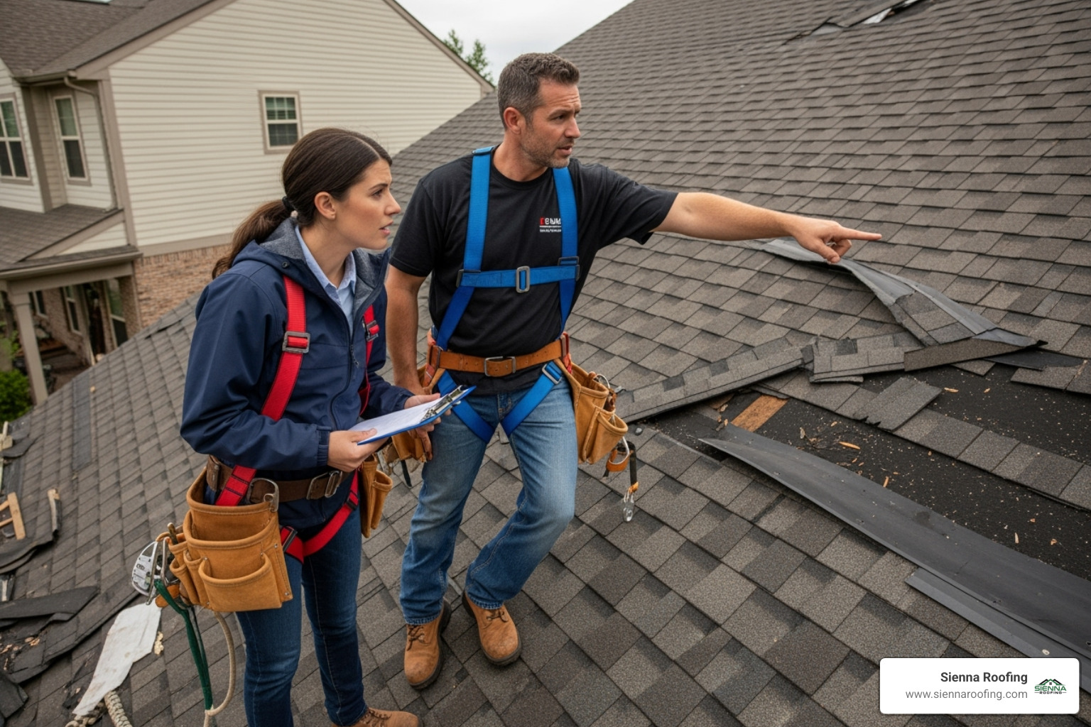 a roofing contractor and an insurance adjuster inspecting a roof together. - storm damage roof replacement
