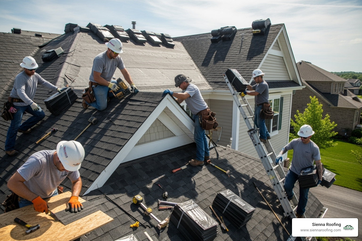 a professional roofing crew working on a residential roof replacement. - storm damage roof replacement