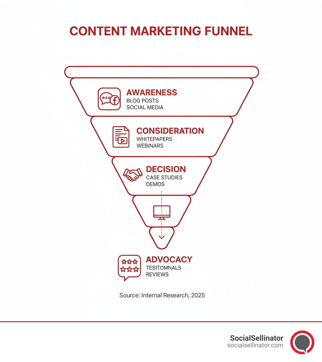An infographic illustrating the content marketing funnel, from the top (Awareness, with blog posts, social media) through the middle (Consideration, with whitepapers, webinars) to the bottom (Decision, with case studies, demos) and finally Advocacy (testimonials, reviews). - content creation service infographic 