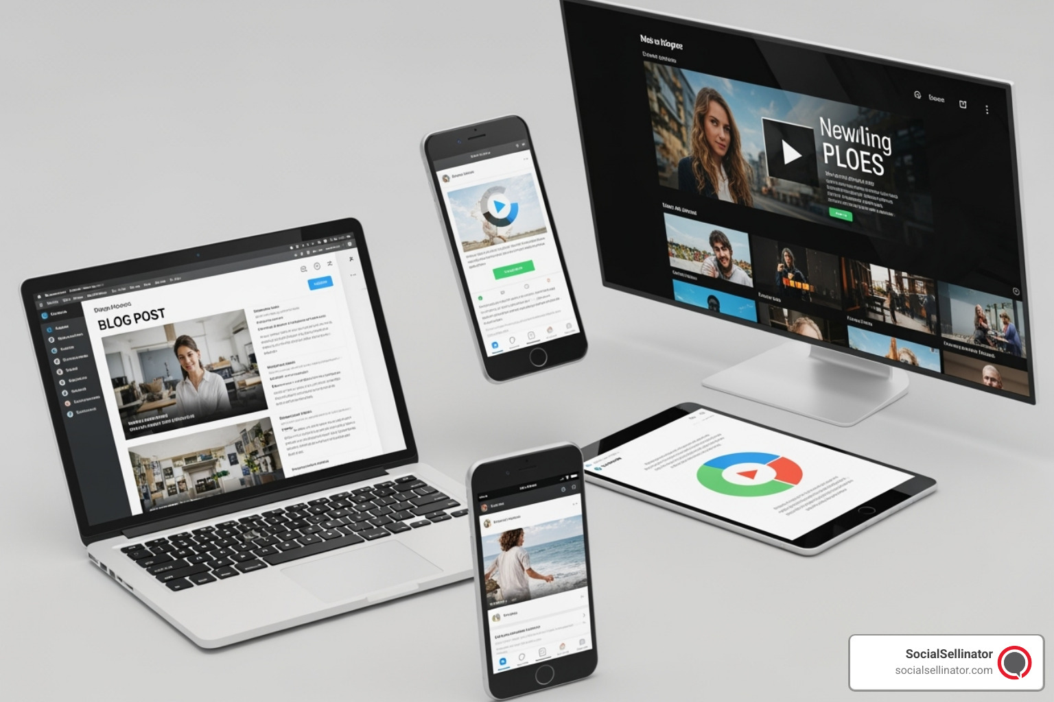 A collage of various content types displayed on different devices: a blog post on a laptop, a social media feed on a smartphone, an infographic on a tablet, and a video thumbnail on a smart TV. - content creation service