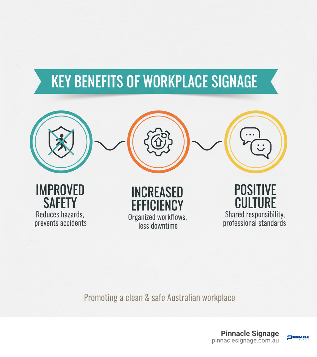 Workplace signage benefits, including how clear housekeeping signage prevents accidents and boosts professional standards. Workplace signage benefits, including how clear housekeeping signage prevents accidents and boosts professional standards.