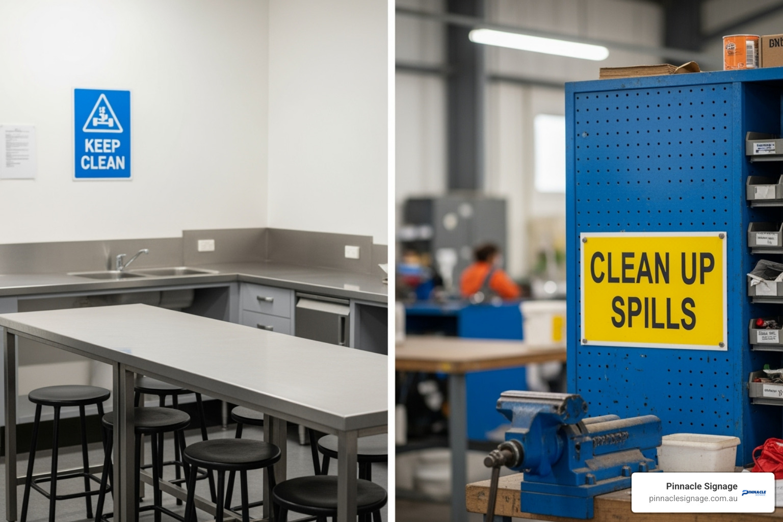 Housekeeping signs in various Australian workplace settings, such as a lunchroom with a 'Keep Clean' sign and a workshop with a 'Clean Up Spills' sign. - housekeeping signage Housekeeping signs in various Australian workplace settings, such as a lunchroom with a 'Keep Clean' sign and a workshop with a 'Clean Up Spills' sign. - housekeeping signage
