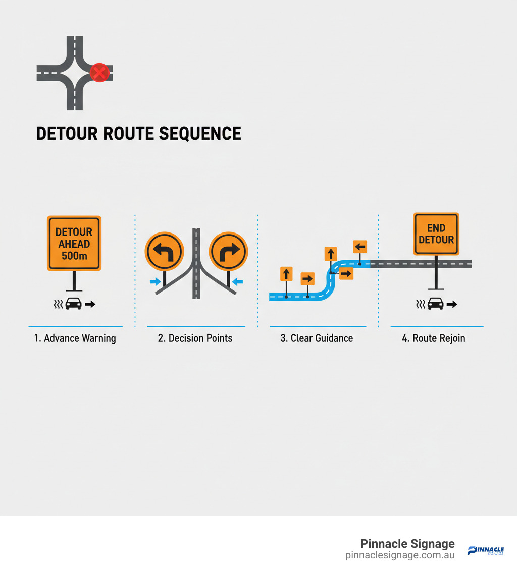 Infographic detailing the four-step "Detour Route Sequence" using various road detour sign options for traffic control.