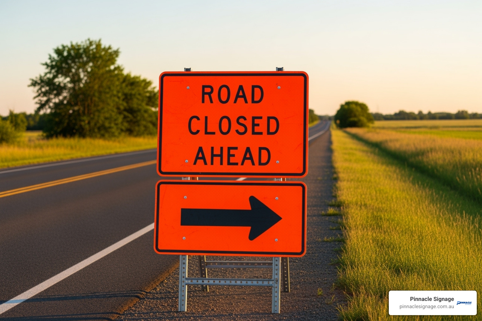 Temporary construction detour sign reading "Road Closed Ahead" with a directional arrow on a rural highway at sunset.
