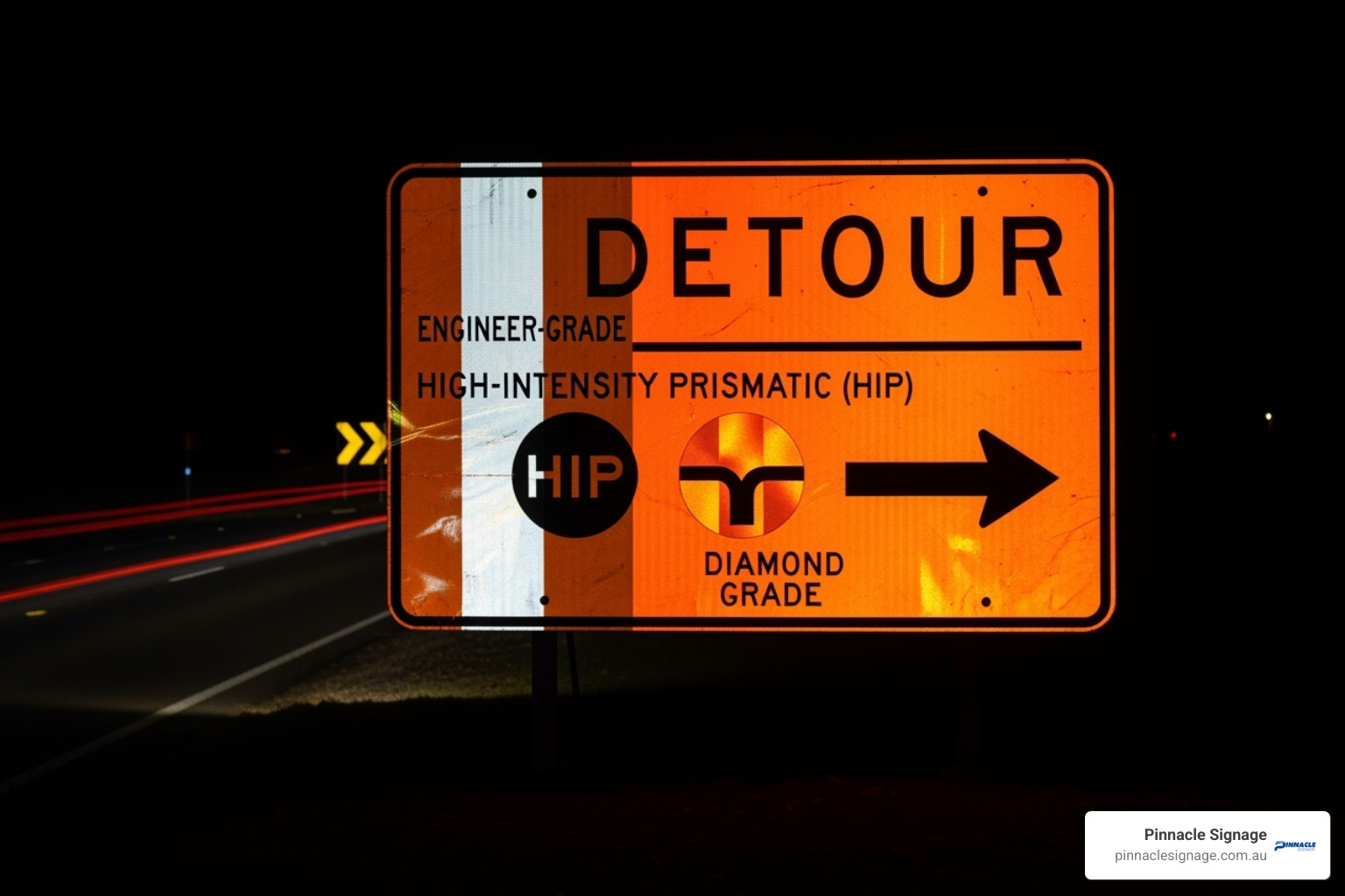 Highly reflective orange detour sign at night, featuring HIP and Diamond grades for maximum visibility during roadworks.