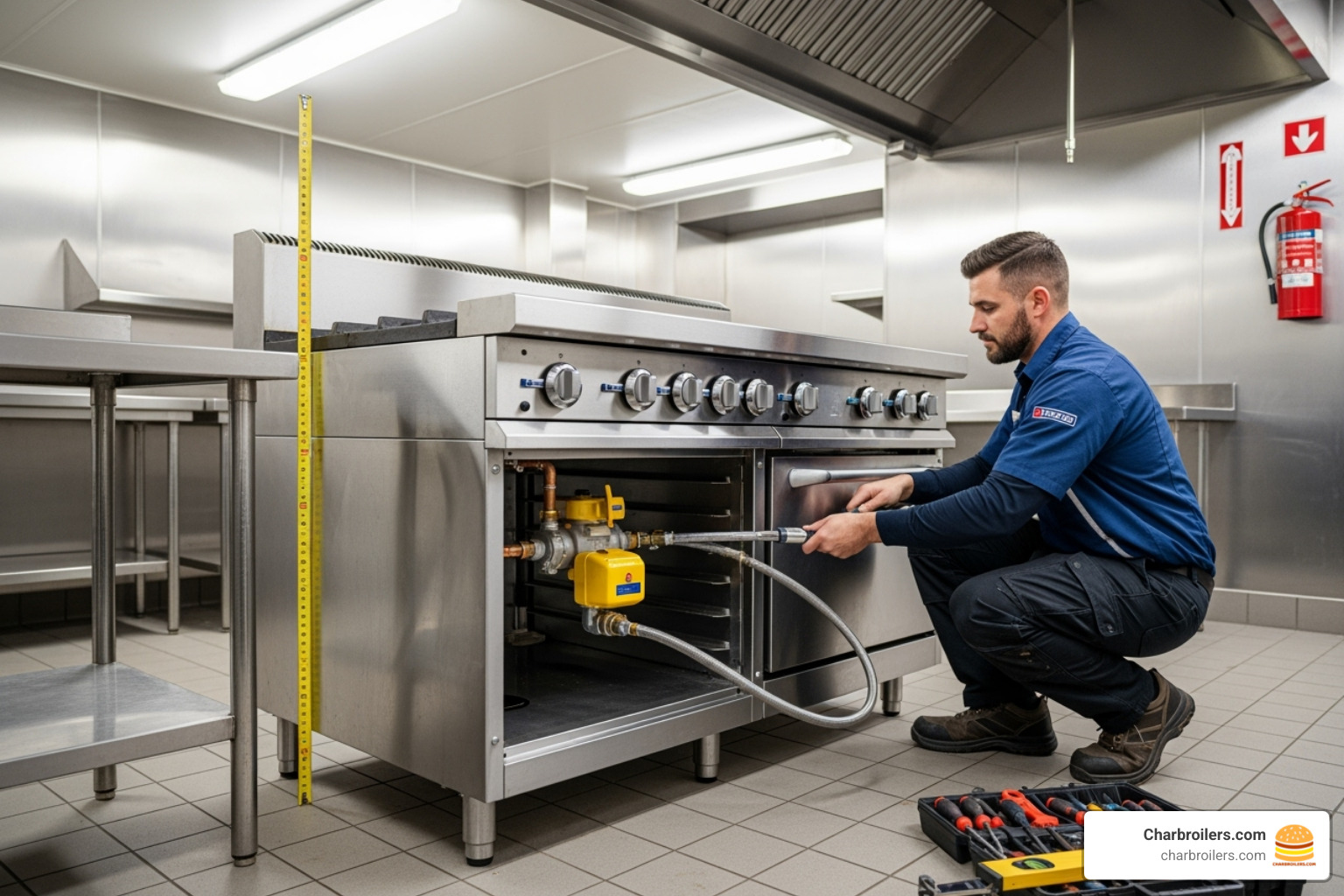 Technician installing a gas range with proper clearance - ato 24g2b