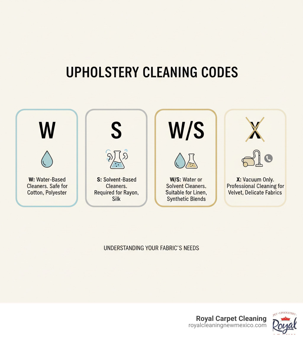 Infographic showing the four main upholstery cleaning codes: W code for water-based cleaners safe on cotton and polyester, S code for solvent-based cleaners required on rayon and silk, W/S code for either water or solvent cleaners suitable for linen and synthetic blends, and X code for vacuum-only fabrics like velvet that require professional cleaning - upholstery cleaning solutions infographic 