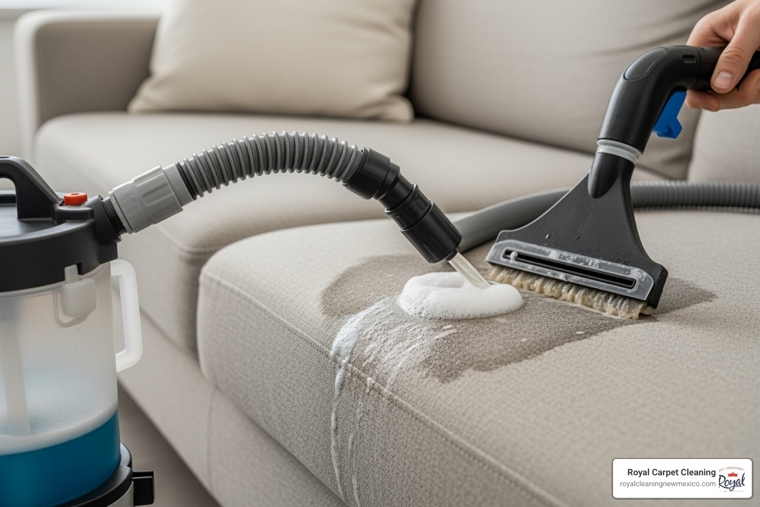 A generic portable upholstery cleaning machine effectively removing a stain from a sofa cushion. - upholstery cleaning solutions
