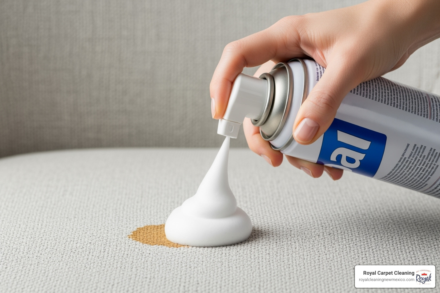 A hand spraying a foaming cleaner onto a small, fresh stain on a chair. - upholstery cleaning solutions