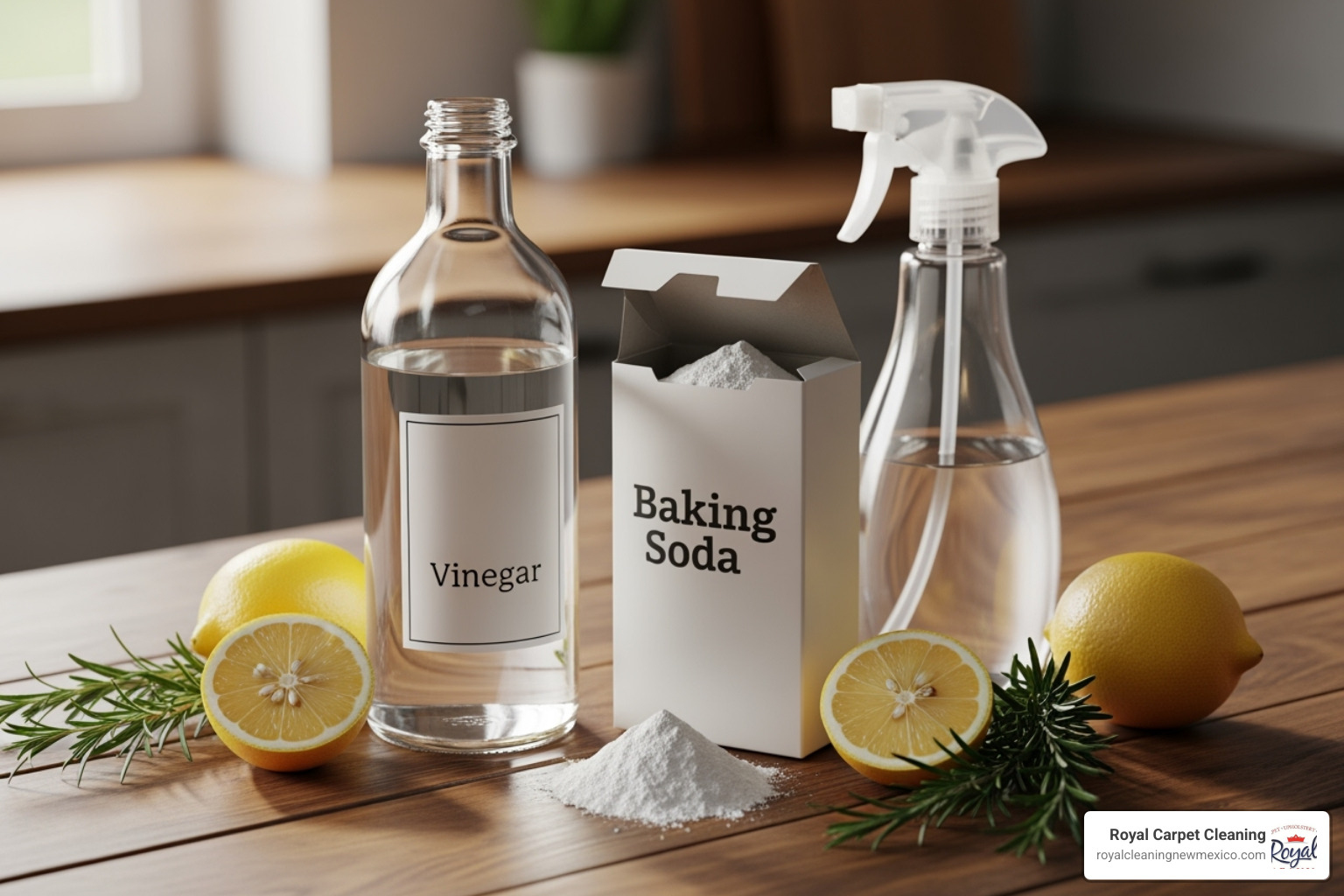 Natural cleaning ingredients like vinegar, baking soda, and a spray bottle, representing eco-friendly cleaning. - upholstery cleaning solutions