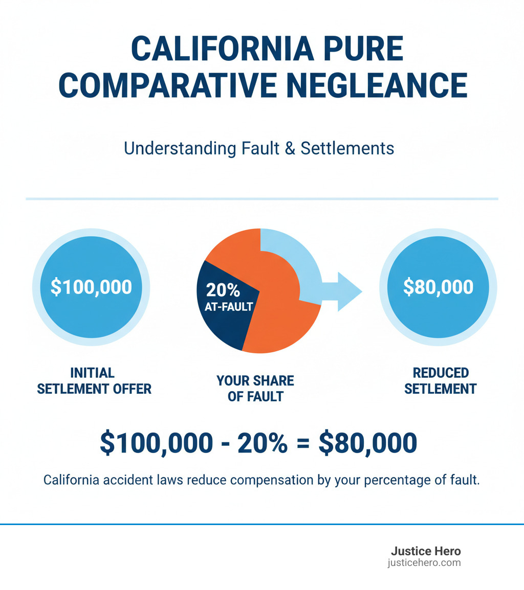 Infographic illustrating how a 20% at-fault finding reduces a $100,000 settlement to $80,000 - California accident laws infographic Infographic illustrating how a 20% at-fault finding reduces a $100,000 settlement to $80,000 - California accident laws infographic