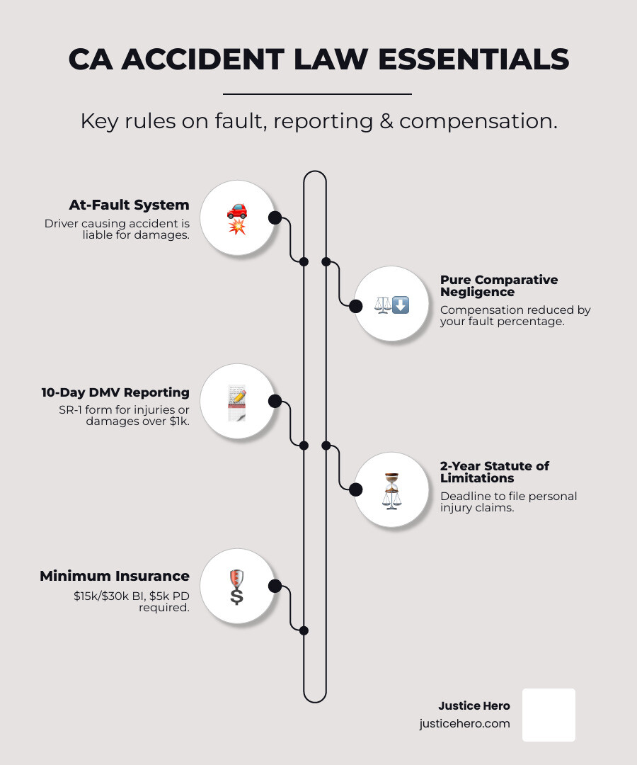 Infographic showing California accident law essentials: California is an at-fault state where the responsible driver pays for damages; Pure comparative negligence reduces your compensation by your fault percentage; Report accidents to DMV within 10 days if injury occurs or damage exceeds $1,000; Two-year statute of limitations to file personal injury claims; Minimum insurance is $15,000/$30,000 bodily injury and $5,000 property damage - California accident laws infographic infographic-line-5-steps-elegant_beige Infographic showing California accident law essentials: California is an at-fault state where the responsible driver pays for damages; Pure comparative negligence reduces your compensation by your fault percentage; Report accidents to DMV within 10 days if injury occurs or damage exceeds $1,000; Two-year statute of limitations to file personal injury claims; Minimum insurance is $15,000/$30,000 bodily injury and $5,000 property damage - California accident laws infographic infographic-line-5-steps-elegant_beige