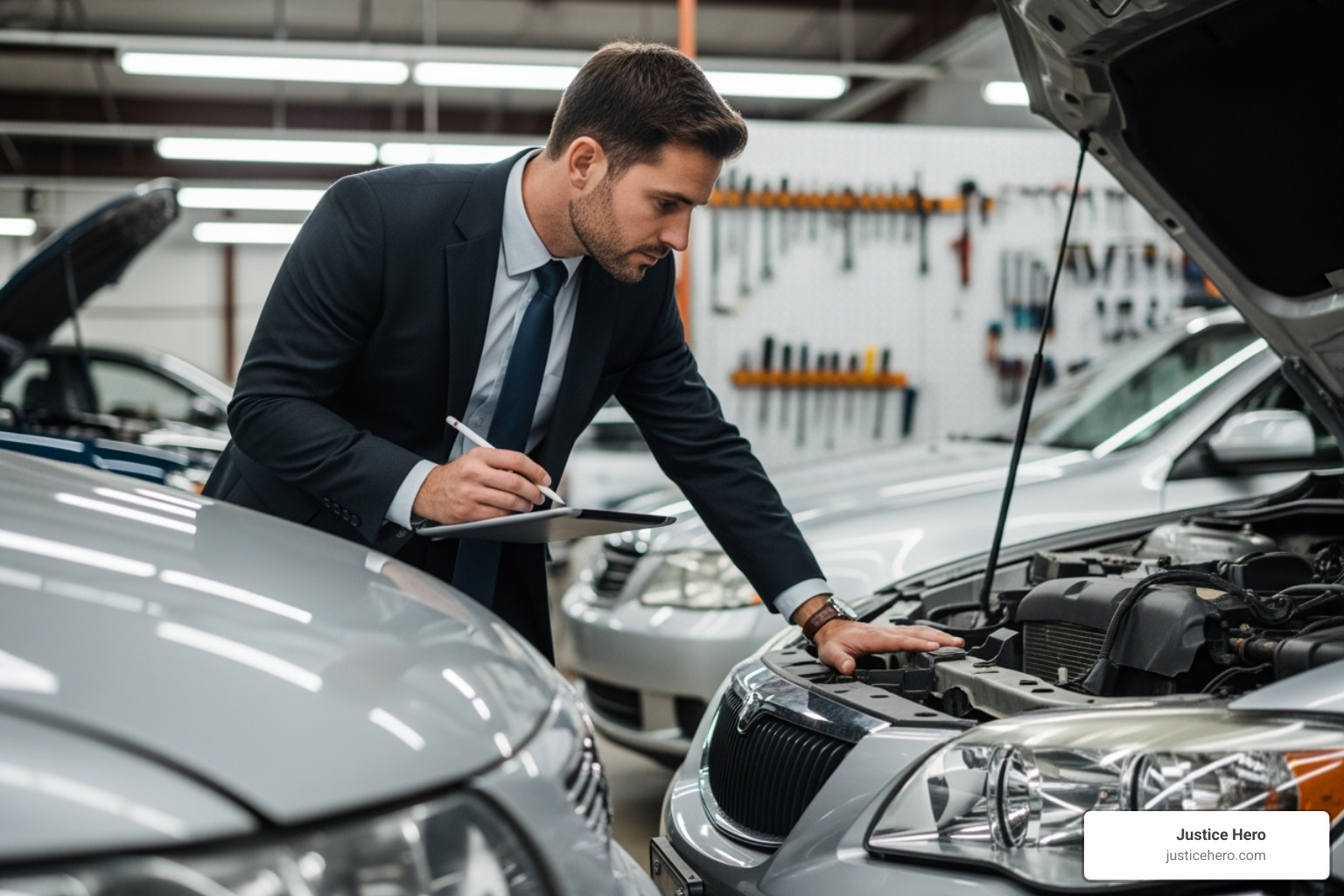 Insurance adjuster inspecting vehicle damage after an accident - California accident laws Insurance adjuster inspecting vehicle damage after an accident - California accident laws