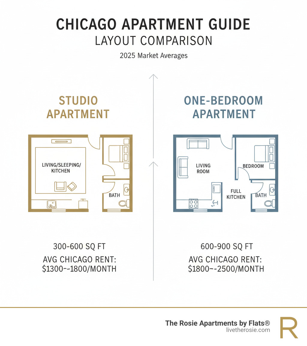 Infographic comparing studio apartment layout (single open room with kitchenette, separate bathroom, 300-600 sq ft) versus one-bedroom apartment layout (separate bedroom, living room, full kitchen, bathroom, 600-900 sq ft), showing floor plans side by side with average square footage and typical monthly rent ranges in Chicago - Chicago studio apartment rentals infographic Infographic comparing studio apartment layout (single open room with kitchenette, separate bathroom, 300-600 sq ft) versus one-bedroom apartment layout (separate bedroom, living room, full kitchen, bathroom, 600-900 sq ft), showing floor plans side by side with average square footage and typical monthly rent ranges in Chicago - Chicago studio apartment rentals infographic