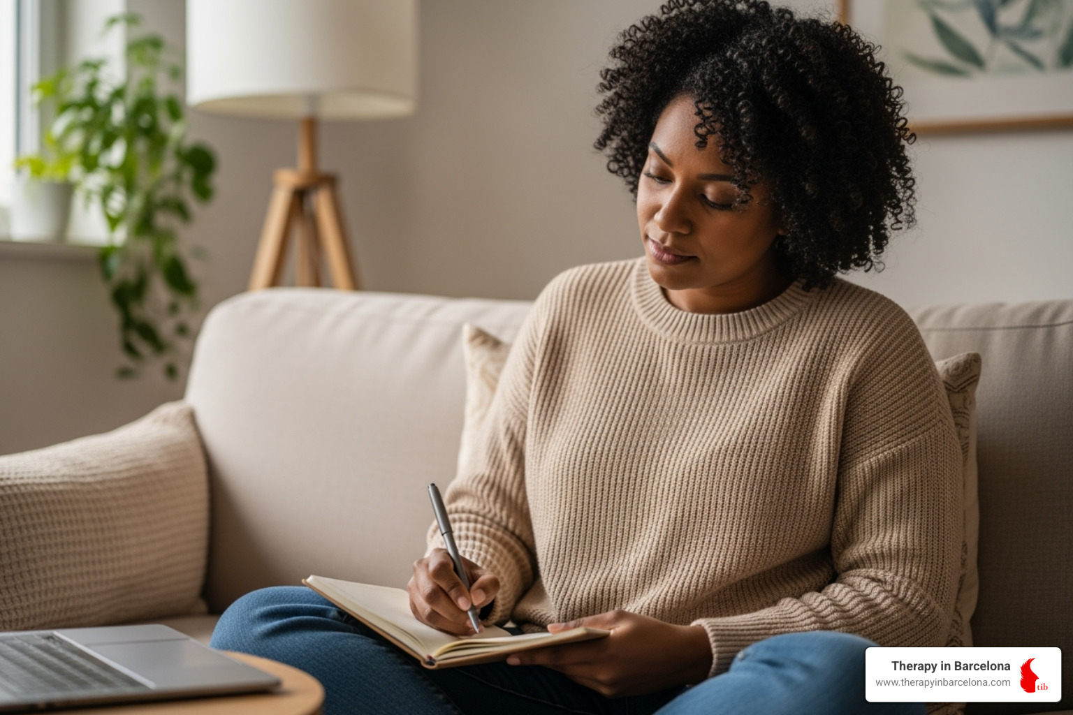 A person writing in a journal, preparing for their first therapy session - online therapy for adults