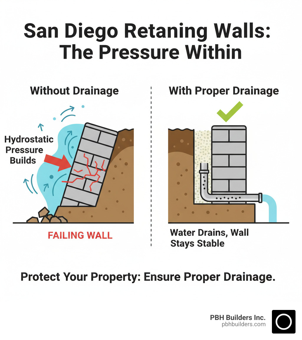 Infographic explaining hydrostatic pressure behind a retaining wall and its role in wall failure, emphasizing the need for proper drainage - San Diego retaining wall infographic 