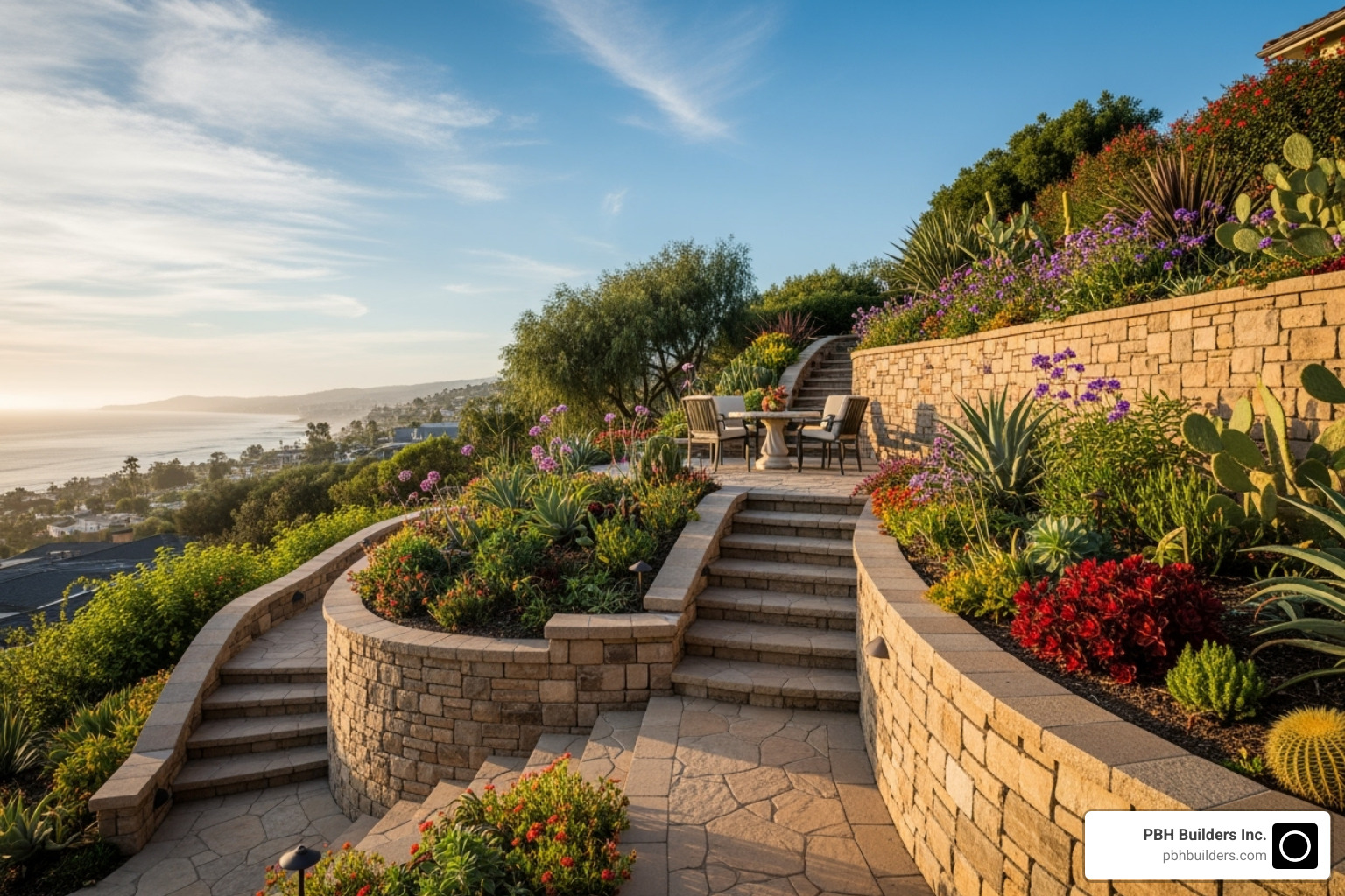 A beautifully constructed retaining wall enhancing a sloped San Diego yard, with terraced gardens and outdoor seating - San Diego retaining wall
