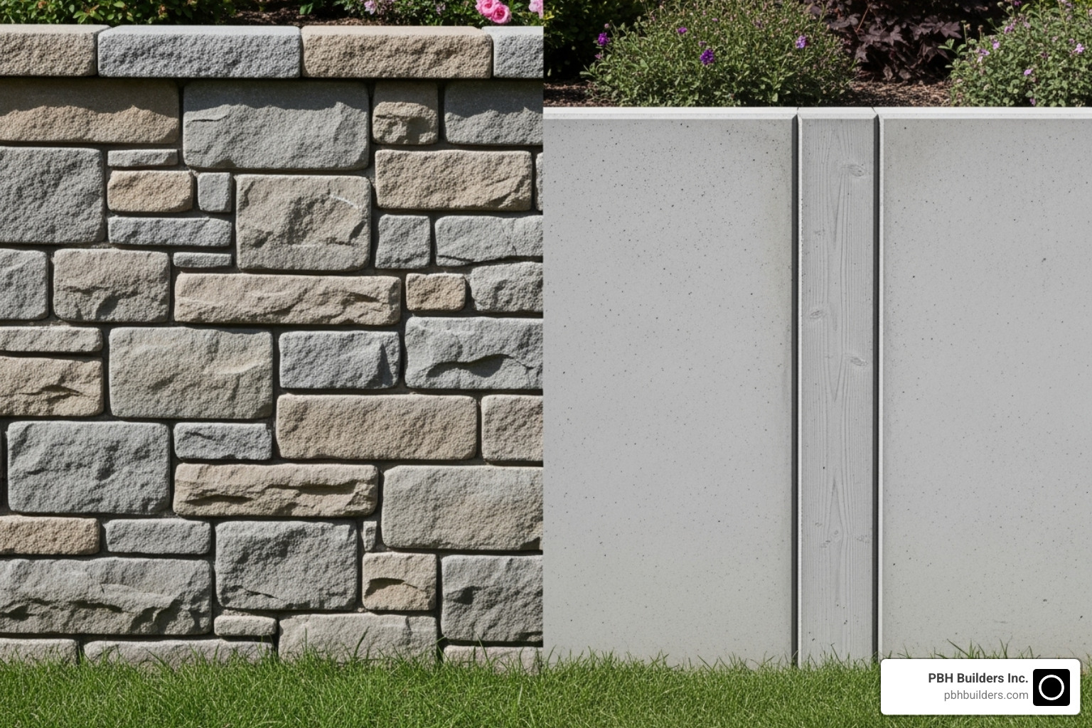 An image showcasing the distinct appearances of a concrete block retaining wall with textured faces and a smooth, poured concrete retaining wall - San Diego retaining wall