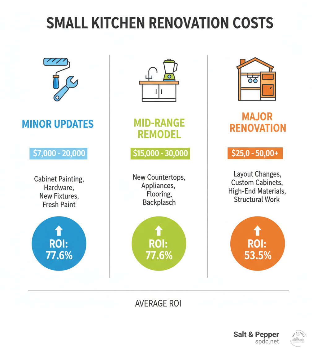Infographic showing cost breakdown for small kitchen renovations: Minor updates ($7,000-$20,000) include cabinet painting, hardware updates, new fixtures, and fresh paint; Mid-range remodels ($15,000-$30,000) add new countertops, appliances, flooring, and backsplash; Major renovations ($25,000-$50,000+) involve layout changes, custom cabinets, high-end materials, and structural work. Average ROI: 77.6% for minor remodels, 53.5% for major remodels. - small kitchen renovation budget infographic Infographic showing cost breakdown for small kitchen renovations: Minor updates ($7,000-$20,000) include cabinet painting, hardware updates, new fixtures, and fresh paint; Mid-range remodels ($15,000-$30,000) add new countertops, appliances, flooring, and backsplash; Major renovations ($25,000-$50,000+) involve layout changes, custom cabinets, high-end materials, and structural work. Average ROI: 77.6% for minor remodels, 53.5% for major remodels. - small kitchen renovation budget infographic