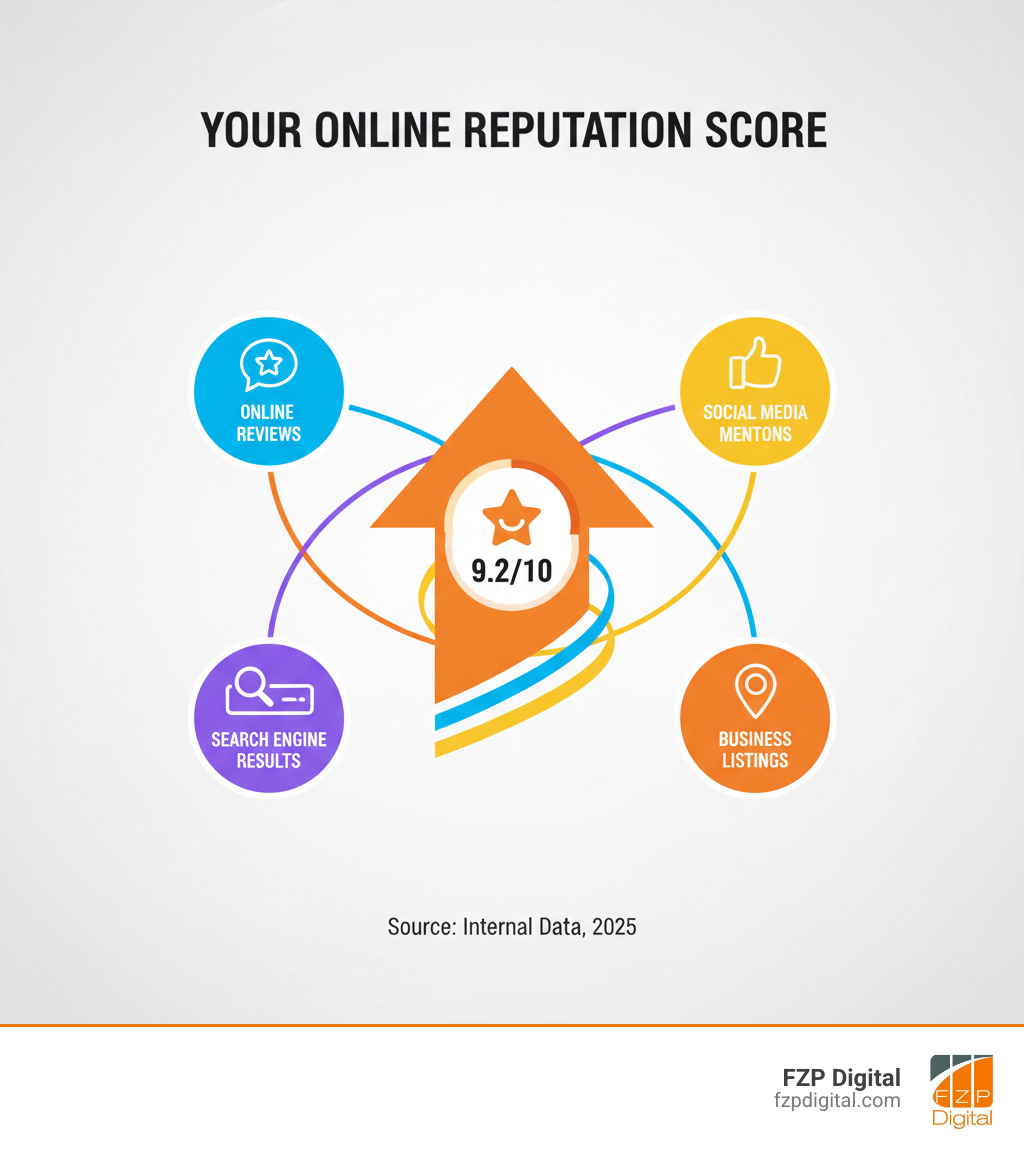 infographic showing how online reviews, social media mentions, search engine results, and business listings combine to create your overall online reputation score - Reputation Management and Reviews infographic infographic showing how online reviews, social media mentions, search engine results, and business listings combine to create your overall online reputation score - Reputation Management and Reviews infographic
