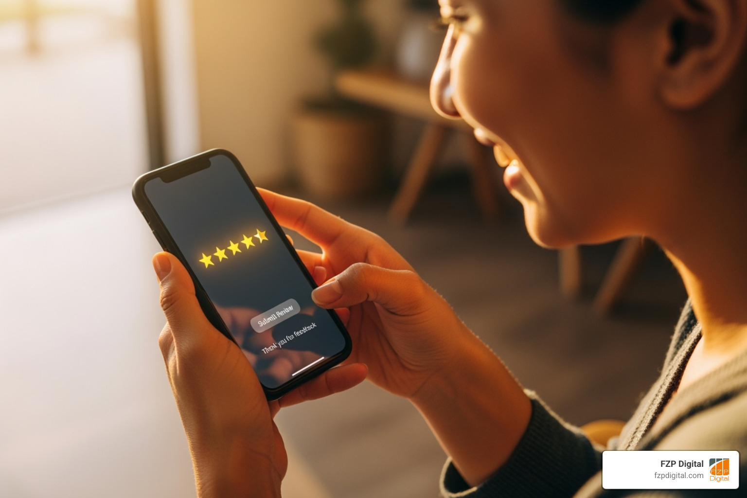 customer happily leaving a 5-star review on their phone - Reputation Management and Reviews customer happily leaving a 5-star review on their phone - Reputation Management and Reviews