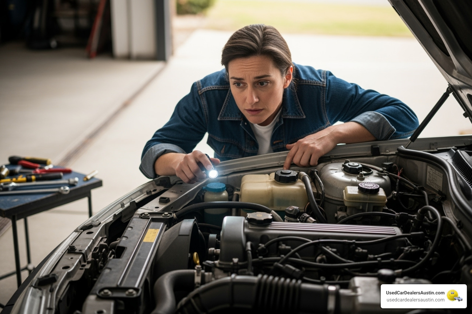 person looking at car engine - extended car warranty companies in texas