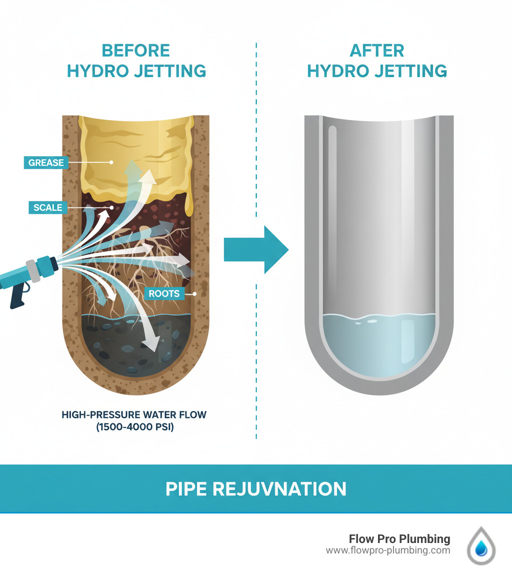 Detailed infographic comparing a pipe before and after hydro jetting, showing grease buildup and debris on one side and completely clean pipe walls on the other, with arrows indicating high-pressure water flow and labeled sections for different types of blockages like grease, scale, and roots - sewer hydro jetting infographic Detailed infographic comparing a pipe before and after hydro jetting, showing grease buildup and debris on one side and completely clean pipe walls on the other, with arrows indicating high-pressure water flow and labeled sections for different types of blockages like grease, scale, and roots - sewer hydro jetting infographic
