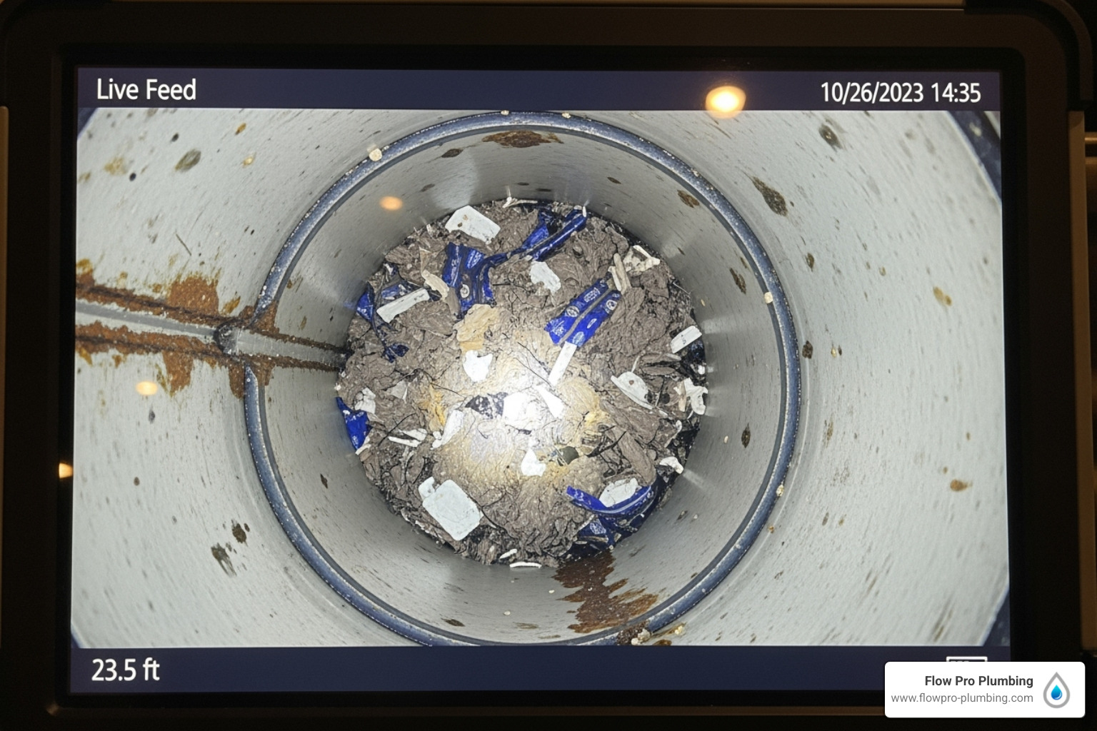 Sewer camera inspection screen showing a clog - sewer hydro jetting Sewer camera inspection screen showing a clog - sewer hydro jetting