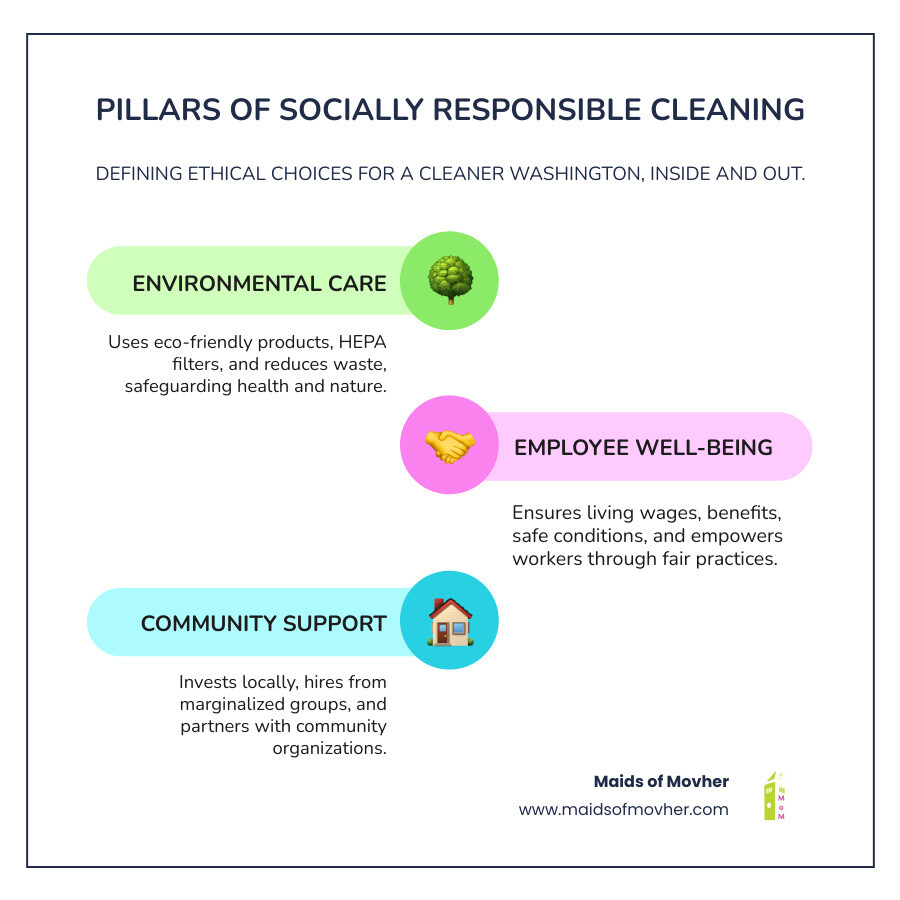 Infographic showing three pillars of socially responsible cleaning: Environmental Care (biodegradable products, HEPA filters, waste reduction), Employee Well-Being (living wages, benefits, safe conditions, worker empowerment), and Community Support (local hiring, nonprofit partnerships, economic investment) - socially responsible cleaning washington infographic infographic-line-3-steps-colors