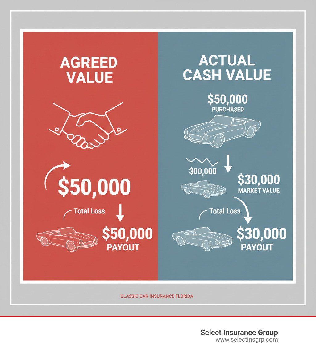 Infographic showing the difference between Agreed Value and Actual Cash Value coverage: Agreed Value shows a handshake agreement of $50,000 leading to a $50,000 payout after total loss; Actual Cash Value shows a car purchased for $50,000, depreciated to $30,000 market value, leading to only a $30,000 payout after total loss - Classic car insurance Florida infographic Infographic showing the difference between Agreed Value and Actual Cash Value coverage: Agreed Value shows a handshake agreement of $50,000 leading to a $50,000 payout after total loss; Actual Cash Value shows a car purchased for $50,000, depreciated to $30,000 market value, leading to only a $30,000 payout after total loss - Classic car insurance Florida infographic