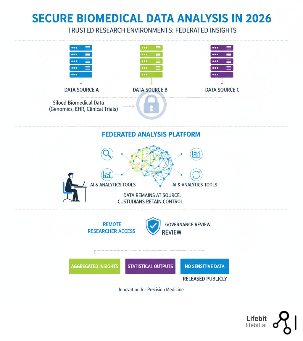 Infographic showing how Trusted Research Environments enable secure analysis of sensitive biomedical data across siloed sources, with data remaining at source, researchers accessing analysis tools remotely, and only aggregated insights and statistical outputs being released after governance review - Lifebit Trusted Research Environment in 2026 infographic 