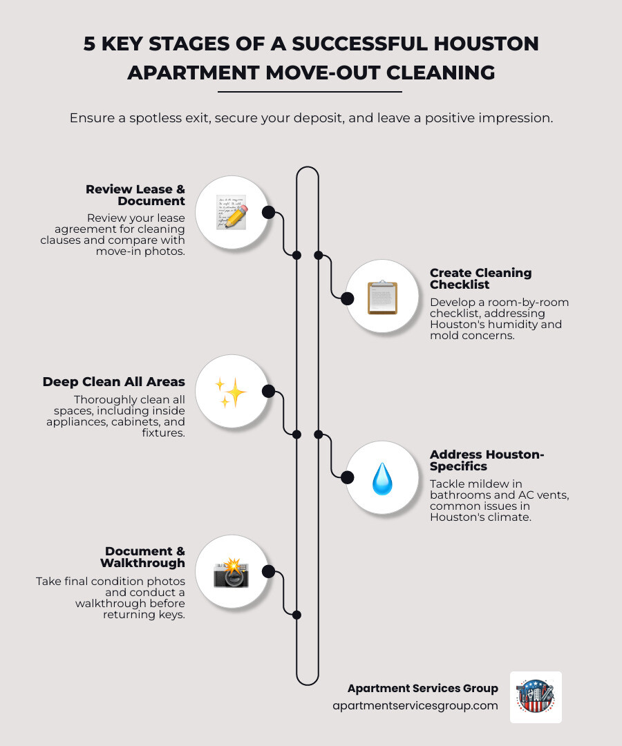 Infographic showing the 5 key stages of a successful Houston apartment move-out cleaning: 1) Review your lease agreement and take move-in photos for comparison, 2) Create a room-by-room cleaning checklist addressing Houston's humidity and mold concerns, 3) Deep clean all areas including inside appliances, cabinets, and fixtures, 4) Address Houston-specific issues like mildew in bathrooms and AC vents, 5) Document the final condition with photos and conduct a walkthrough before returning keys - apartment move-out cleaning Houston infographic infographic-line-5-steps-elegant_beige